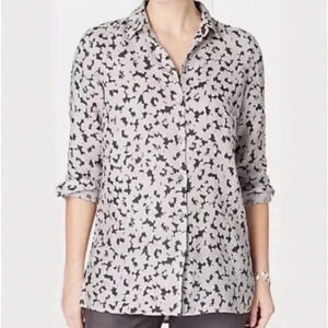 J. Jill Womens Top Gray Brown Floral Print Love Linen Essential Shirt SZ M